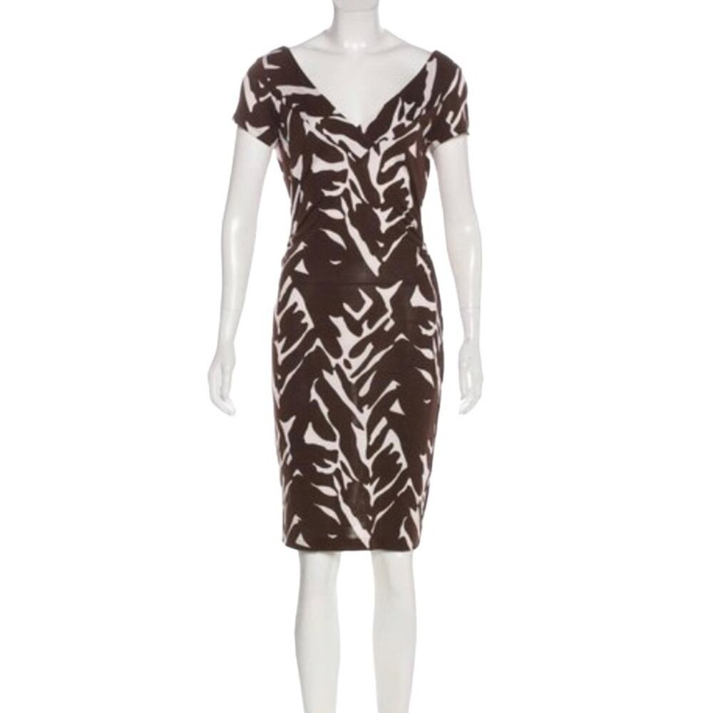 DIANE von FURSTENBERG VINTAGE Brown Ivory Print V-Neck Cap Sleeve Fitted Dress S